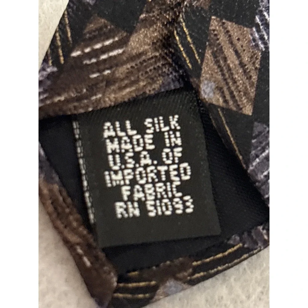 Hill & Archer Silk‎ Necktie Mens OS Brown Blue Geometric Block Pattern USA Made